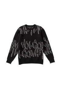 Pull noir avec un design graphique en texte gris contrastant, col rond et poignets côtelés. Fabriqué en matériau tricot doux.