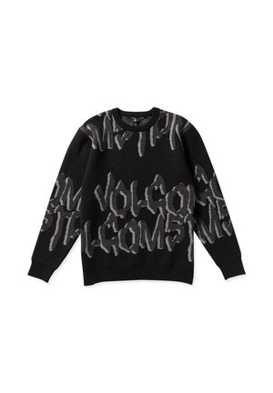 Svart tröja med en kontrasterande grå grafisk textdesign, rund hals och ribbade muddar. Tillverkad av ett mjukt stickat material.