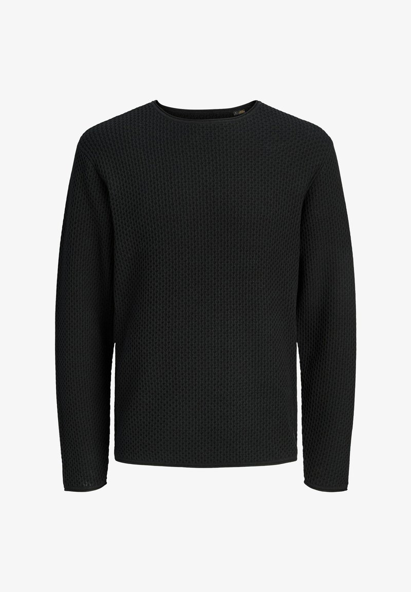 Pull noir à manches longues avec un motif en maille texturée et un col rond, présenté de face sur fond blanc.