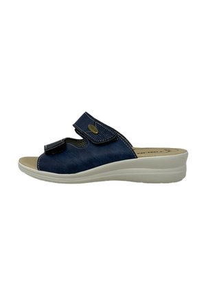 Sandalo scivoloso blu marino con cinghie regolabili in Velcro, parte superiore testurizzata e suola bianca imbottita. Design leggero e a punta aperta.