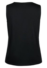 Czarna bezrękawnik z okrągłym dekoltem, pokazany z tyłu, wykonany z gładkiego materiału z prostym dołem.