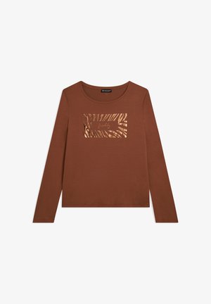 Camiseta de algodón de manga larga marrón con un gráfico de rayas de cebra metálico dorado y logo en un diseño rectangular centrado en la parte delantera.