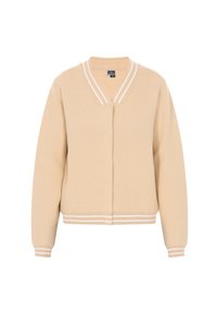 Beige cardigan van zacht breimateriaal, voorzien van een V-halslijn, witte gestreepte accenten en geribde manchetten en zoom.