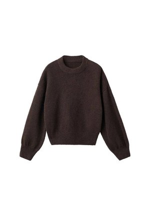 Pull tricoté marron foncé à manches longues avec encolure ronde côtelée, poignets et ourlet, présenté sur fond blanc.