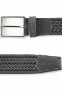 Zwarte gevlochten leren riem met een zilveren rechthoekige gesp, leren lussen met het merk "FALCONERI" erin gestempeld.