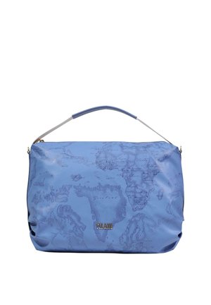 Blå håndtaske med håndtag øverst med et subtilt verdenskortprint og gyldt "1CLAME" logo på fronten.