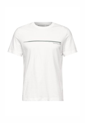 White cotton t-shirt with short sleeves featuring a gray horizontal line and text graphic on the front. Classic crew neck design.