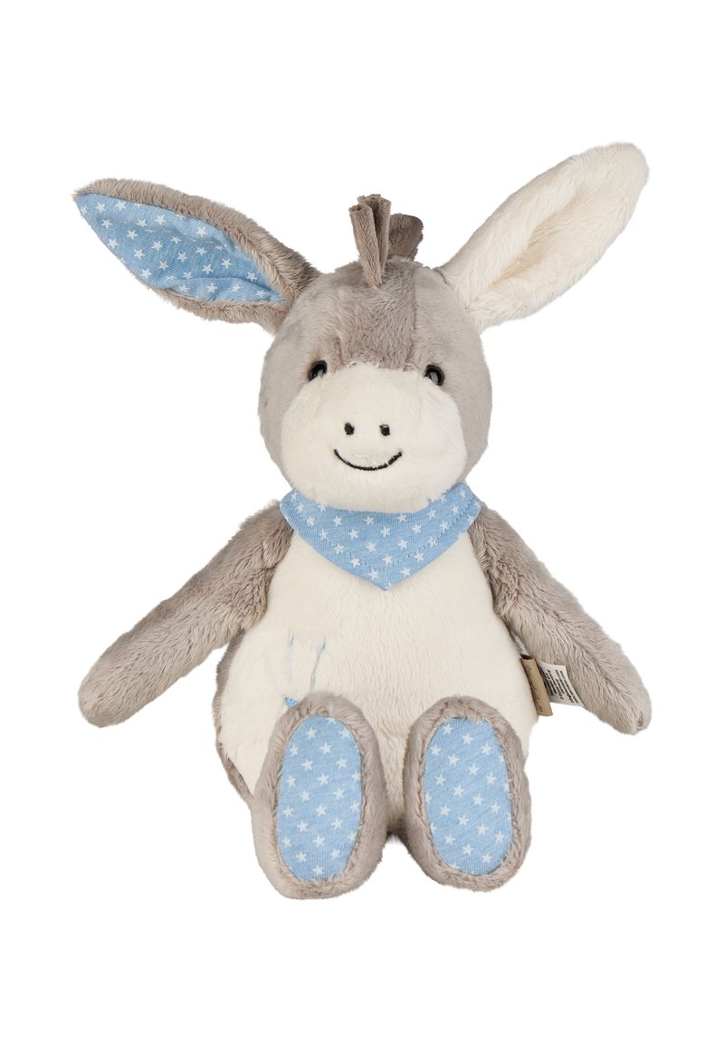 Plush donkey toy with gray and cream fur, blue star-patterned accents on ears, feet, and scarf. Features a smiling face and soft texture.