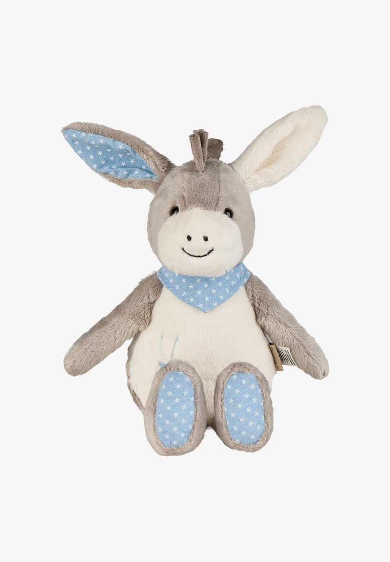 Plush donkey toy with gray and cream fur, blue star-patterned accents on ears, feet, and scarf. Features a smiling face and soft texture.
