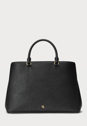 Borsa a mano in pelle nera con design strutturato, texture liscia e due manici superiori. Presenta dettagli in oro e un logo nella parte inferiore.