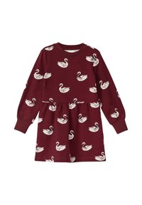Bordeauxfarbene Kleid mit langen Ärmeln, das ein weißes Schwannenmuster aufweist. Aus weichem Baumwollmaterial mit gerafftem Bund und gerippten Manschetten.