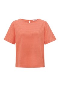 Blouse courte en corail à manches courtes avec texture, col rond et petite ouverture bouton au dos.
