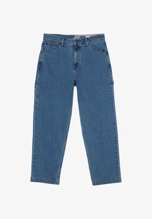 Jasnoniebieskie dżinsy o luźnym kroju, pięć kieszeni, szlufki na pasek oraz proste nogawki. Czyste, solidne szwy, bez zdobień.