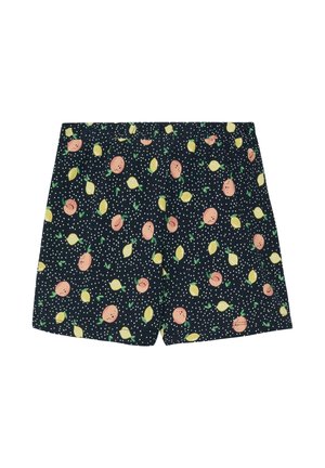 Marineblaue Shorts mit elastischem Bund, mit Muster aus gelben Zitronen, Pfirsichen, grünen Blättern und kleinen weißen Punkten.