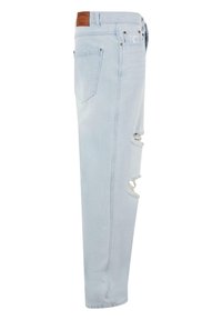 Light blue denim jeans with a relaxed fit, featuring ripped details on the legs. Includes a leather patch on the waistband and five pockets.