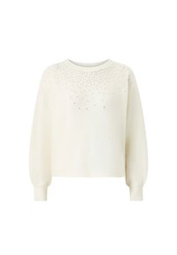 Cremefarbener Pullover mit langen Ärmeln, Rundhalsausschnitt und strukturiertem Stoff. Verfügt über glitzernde Verzierungen am Ausschnitt, die einen Farbverlaufseffekt erzeugen.