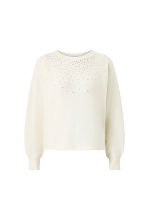 Suéter de color crema con mangas largas, cuello redondo y tejido texturizado. Presenta adornos brillantes en el escote, creando un efecto degradado.