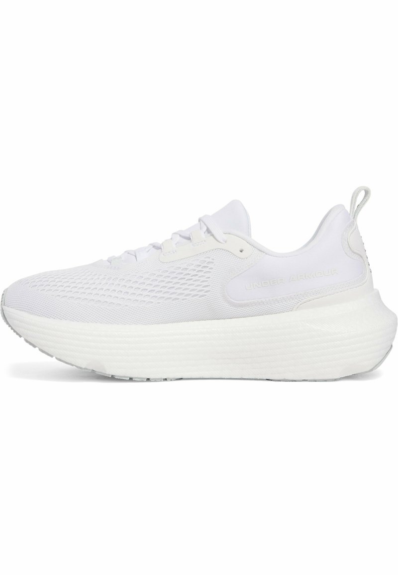 White athletic shoes featuring a textured mesh upper, thick ridged sole, and padded collar. Side logo embossed for branding.
