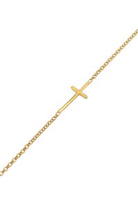 Gouden kettingarmband met een eenvoudige, platte kruispendant. De ketting bestaat uit kleine schakels, wat een delicate uitstraling geeft.