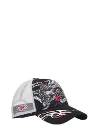 Cappellino nero con retro in rete bianca, caratterizzato da grafiche di rose, teschi e dettagli rossi. Visiera curvata e chiusura snapback regolabile.