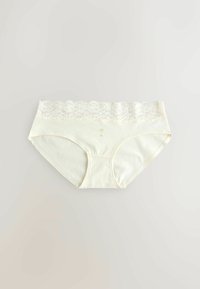 Sous-vêtements pour femmes couleur crème avec une large ceinture en dentelle florale et un petit motif imprimé au centre avant.