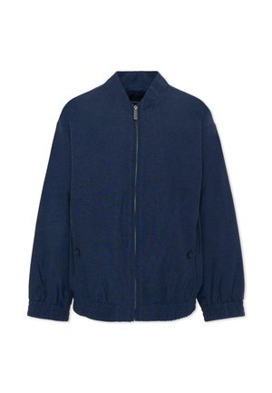 Giacca bomber blu navy con zip frontale, polsini ed orlo elasticizzati e due tasche laterali con bottone.