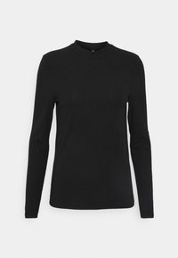 Svart riktad långärmad topp med hög halsringning och figurnära silhuett, tillverkad av ett mjukt, elastiskt material.