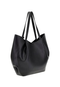 Borsa tote in pelle nera con design strutturato, dotata di due lunghe tracolle, texture liscia e una silhouette leggermente morbida.