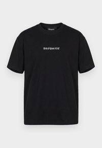 Black short-sleeve T-shirt with white gothic text "DROPSIZE" centered on the chest and a black tag with the same text inside the collar.