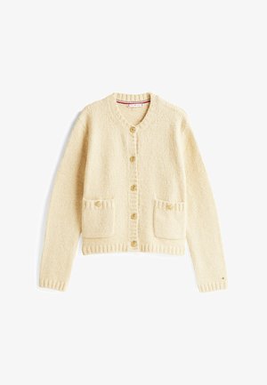 Hellbeige Strickpullover mit Rundhalsausschnitt, Knopfleiste und zwei vorderen Taschen. Weicher Stoff mit gerippten Bündchen und Saum.