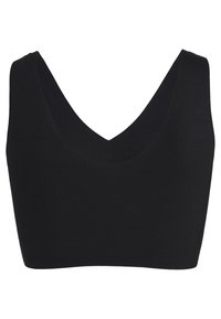 Black seamless bralette with a deep V-neckline, wide shoulder straps, and a smooth texture. Designed for comfort and minimalistic style.