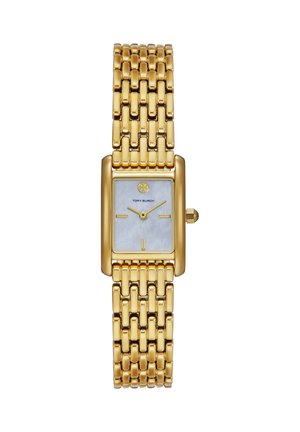Montre-bracelet à maillons ton or avec cadran blanc rectangulaire, marqueurs dorés minimalistes et logo Tory Burch à 12 heures.