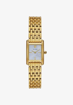 Gold-tone linked bracelet watch with rectangular white face, minimal gold markers, and Tory Burch logo at 12 o'clock.