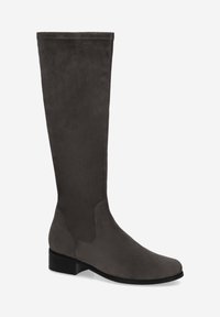 Graue Wildlederstiefel bis zum Knie mit abgerundetem Zehenbereich, niedrigem Blockabsatz und glatter Textur. Verfügt über elastische Seiteneinsätze für eine angepasste Passform.