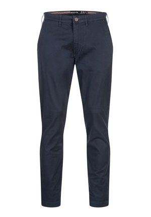 Navy blue cotton chinos with a slim fit, featuring a button closure, belt loops, and side pockets, smooth texture, and clean design.