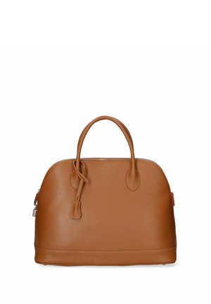 Borsa in pelle marrone con forma rotonda, doppio manico e texture sottile. Presenta hardware decorativo e chiusura con zip.
