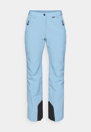 Pantaloni de zăpadă de culoare albastru deschis, cu croială dreaptă, având două buzunare laterale cu fermoar, accente negre la manșete și închidere cu nasture și fermoar.