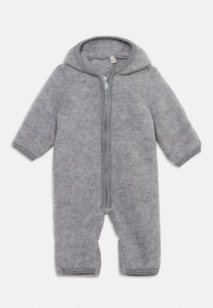 Soft grey fleece baby jumpsuit with long sleeves, hood, and front zipper closure.