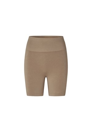 Beige seamless cykelshorts med høj talje, der går til midt på låret, lavet af glat, elastisk stof designet til komfort og aktivt brug.