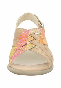 Sandal beige con dettagli intrecciati in rosa, arancione e giallo. Design aperto all'alluce, cinturino regolabile e suola piatta. Fodera interna liscia.