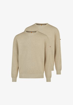 To beige strikkede crewneck-trøjer med lange ærmer, ribstrikkede manchetter og kant, vist side om side på en hvid baggrund.