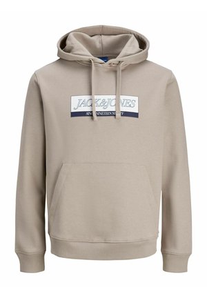 Sweatshirt à capuche beige avec une poche frontale, doté d'un panneau graphique logo bleu marine. Fabriqué en tissu doux avec des poignets et un ourlet côtelés.