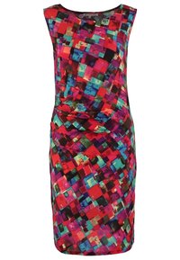 Ärmelloses Kleid mit einem lebendigen, mehrfarbigen Mosaikmuster in Rot, Pink, Blau und Schwarz. Weicher, glatter Stoff mit einer figurbetonten Silhouette.