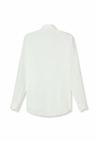 Weißes Langarmhemd mit glatter Textur, spitzem Kragen, geknöpften Manschetten und abgerundetem Saum. Keine sichtbaren Muster oder Hardware-Details.