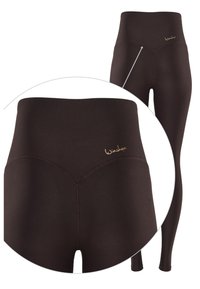Leggings sculptanti alti in vita, di colore marrone scuro, con cuciture senza soluzione di continuità e un piccolo logo dorato nella parte superiore dell'anca.