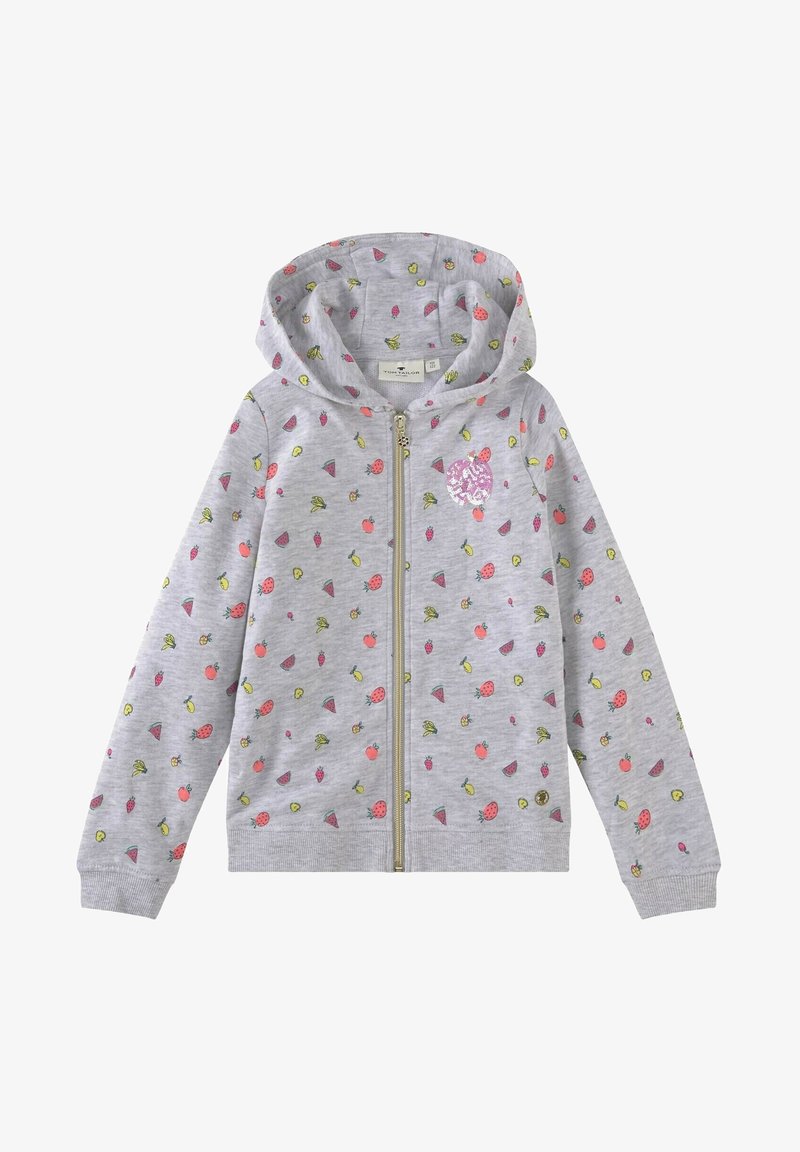 Šedá mikina na zip s kapucí, zdobená vzorem barevného ovoce. Obsahuje vroubkované manžety a lesklý akcent ve tvaru ovoce na přední části.