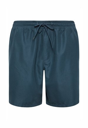 Dunkelblaue Herren-Badeshorts mit elastischem Bund und vorne gebundenem Kordelzug, knielang, schlichtes Design.