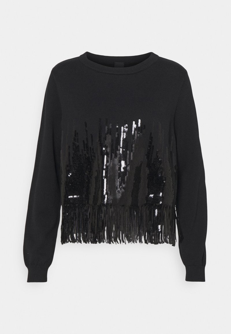 Pull noir à manches longues avec col rond, sequins noirs brillants formant des motifs verticaux, et détail de franges à l'ourlet.
