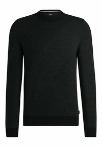 Maglione nero realizzato in tessuto a maglia testurizzata con scollatura a girocollo. Presenta motivi diagonali sul davanti e polsini e orlo a coste.