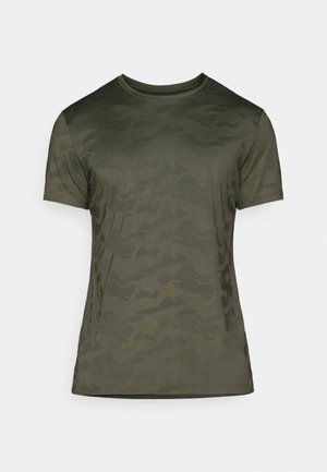 Olive green short-sleeve t-shirt, featuring a subtle camouflage pattern. Made from soft fabric with a crew neckline and a close fit.